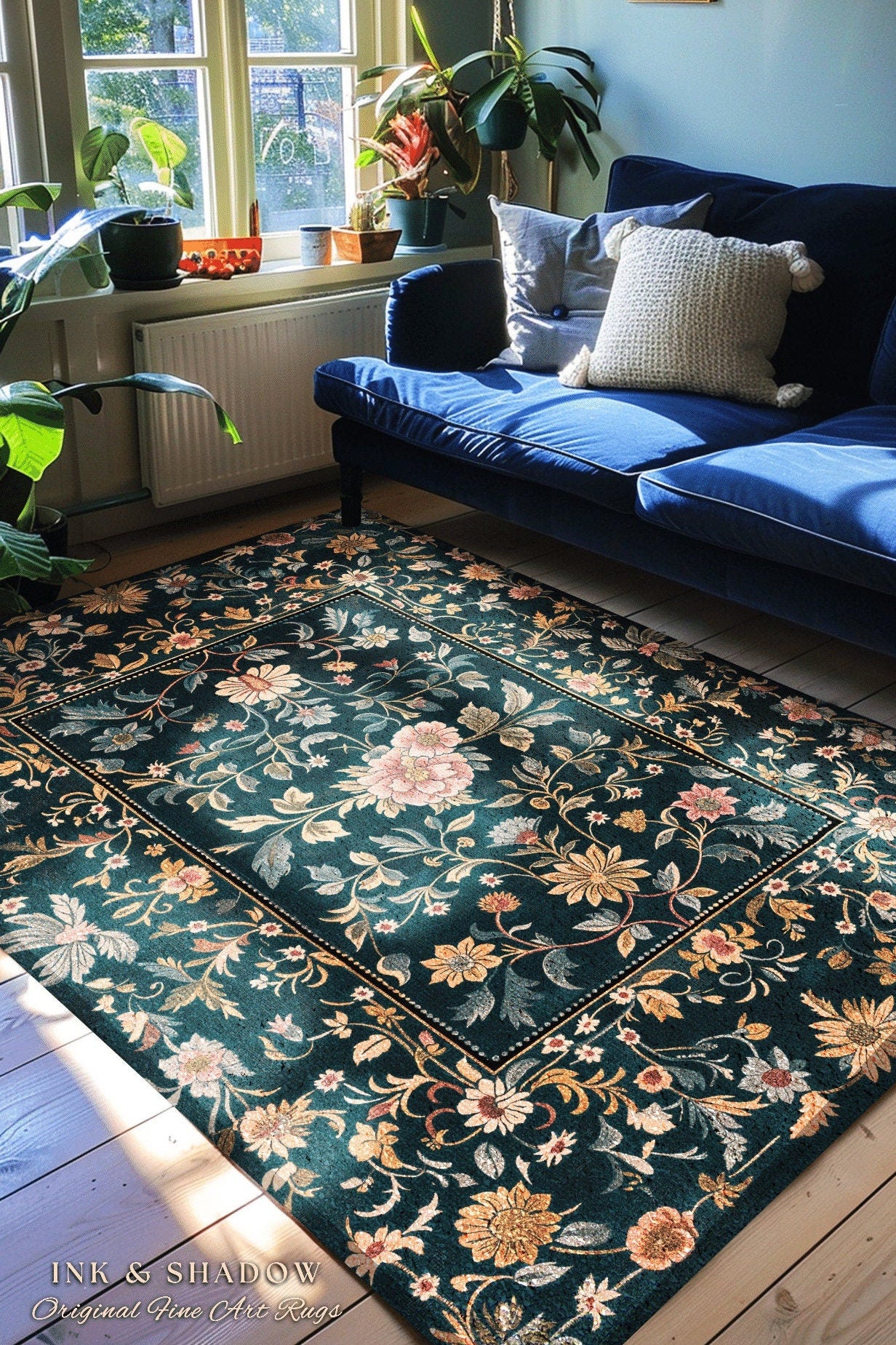 Maximalist Wildflower Rug | Dark Floral Aesthetic Danish Pastel Home Decor Rustic Housewarming Gift Fairycore Bedroom Folklore Inspired |