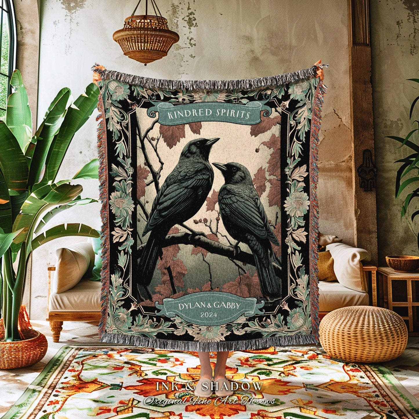 Kindred Spirits Raven Couple Woven Throw | Crow Core His & Hers Dark Academia Aesthetic Anniversary Blanket Custom Name Gift Gothic Tapestry