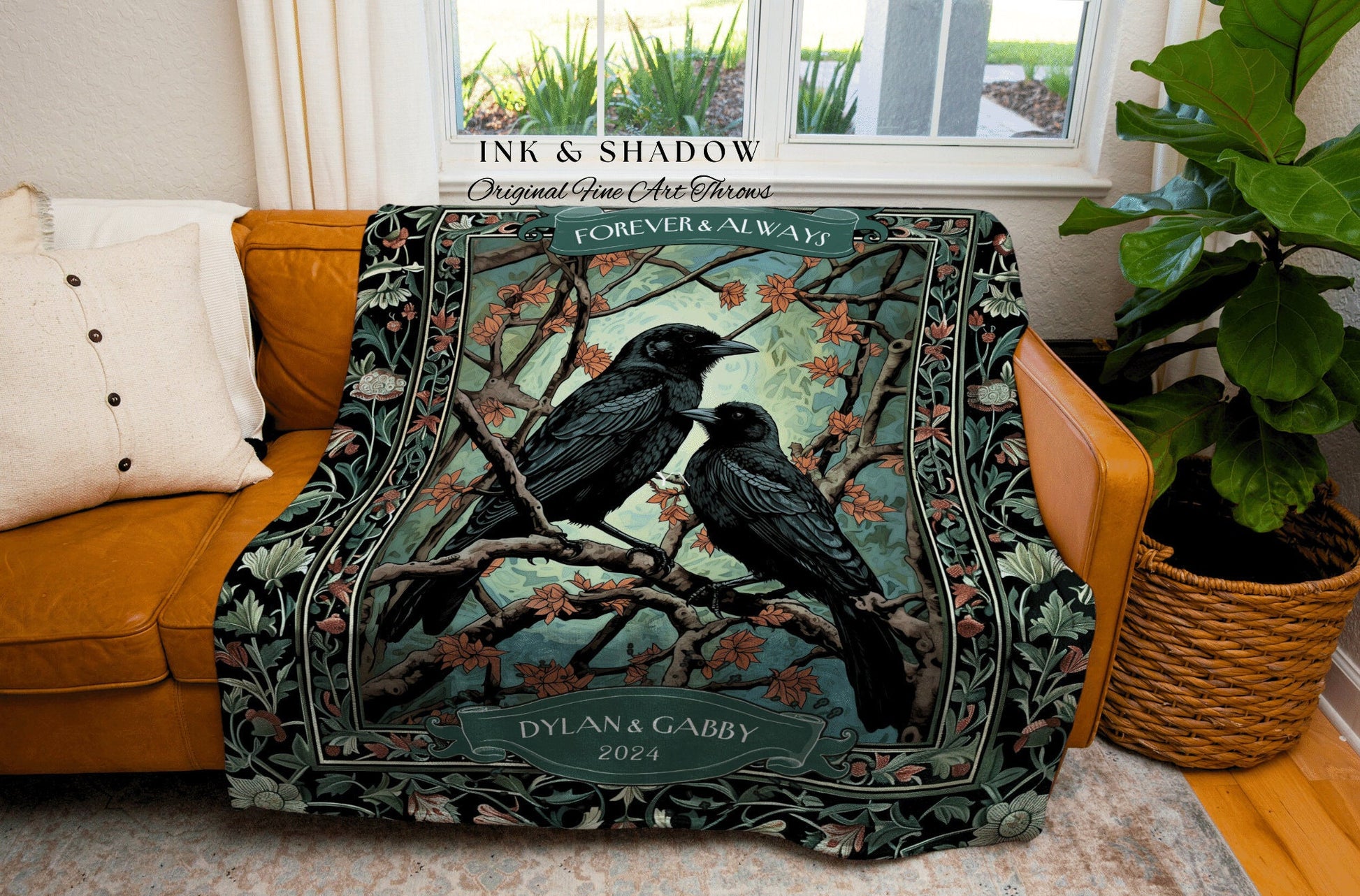 Personalized 'Forever & Always' Woven Blanket | Crow Core Couple Aesthetic Woven Throw Custom Dating Gift Gothic Raven Tapestry Witchy |