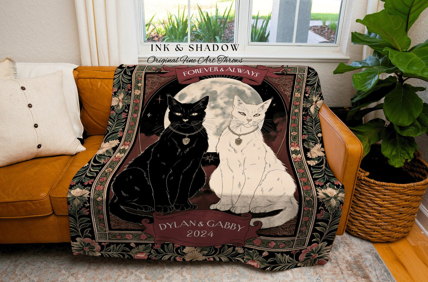 Ethereal Cat Lover Woven Throw | Witchy Aesthetic Woven Throw Custom His & Hers Gift for Cat Mom Personalized Dark Academia Tarot Style |