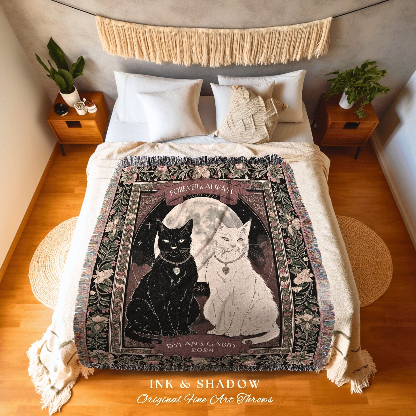 Ethereal Cat Lover Woven Throw | Witchy Aesthetic Woven Throw Custom His & Hers Gift for Cat Mom Personalized Dark Academia Tarot Style |