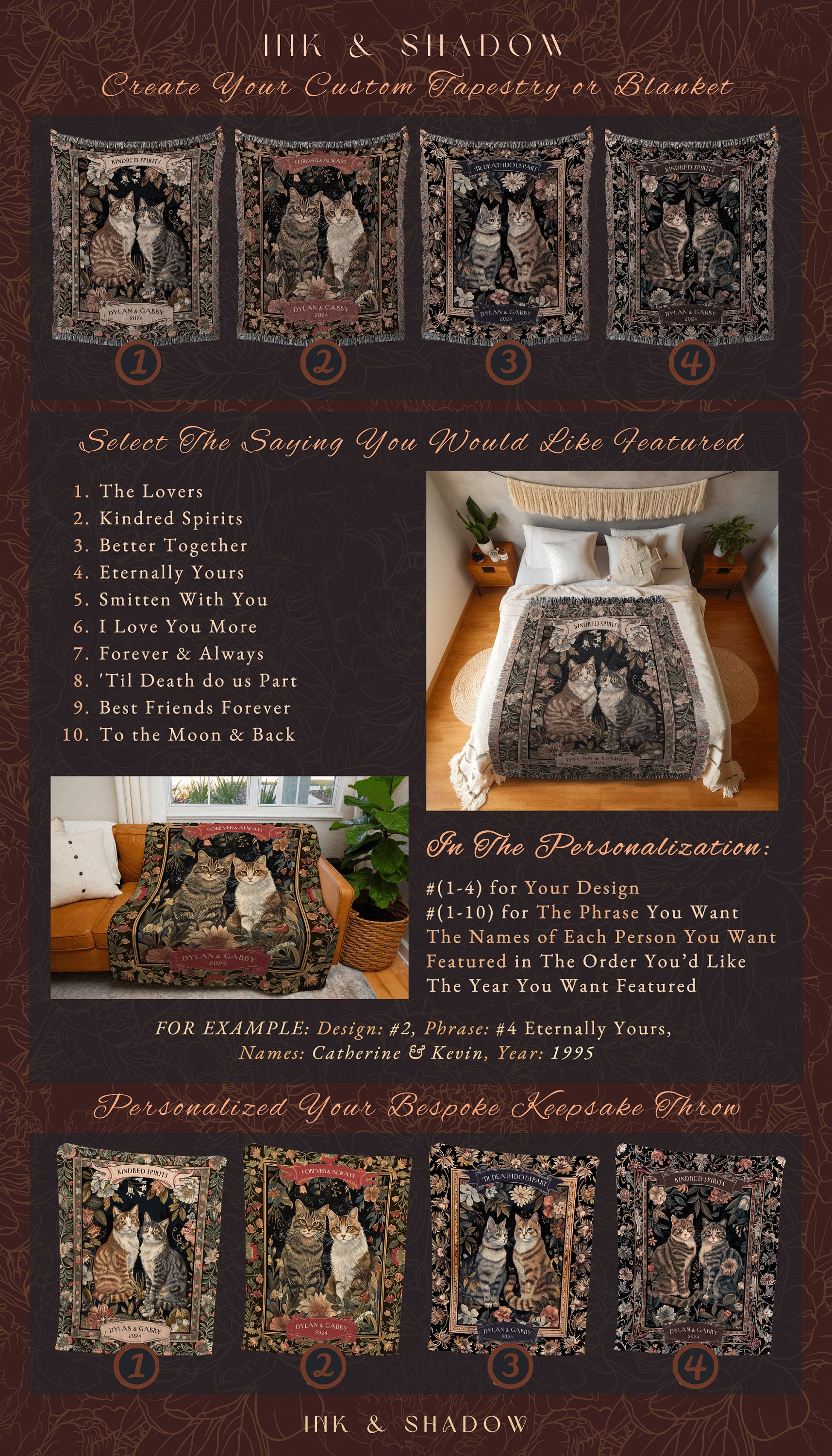 Victorian Gothic Cat Couple Blanket Floral Cottagecore Woven Throw Custom Girlfriend Gift for Cat Lover Personalized Dark Academia Tapestry