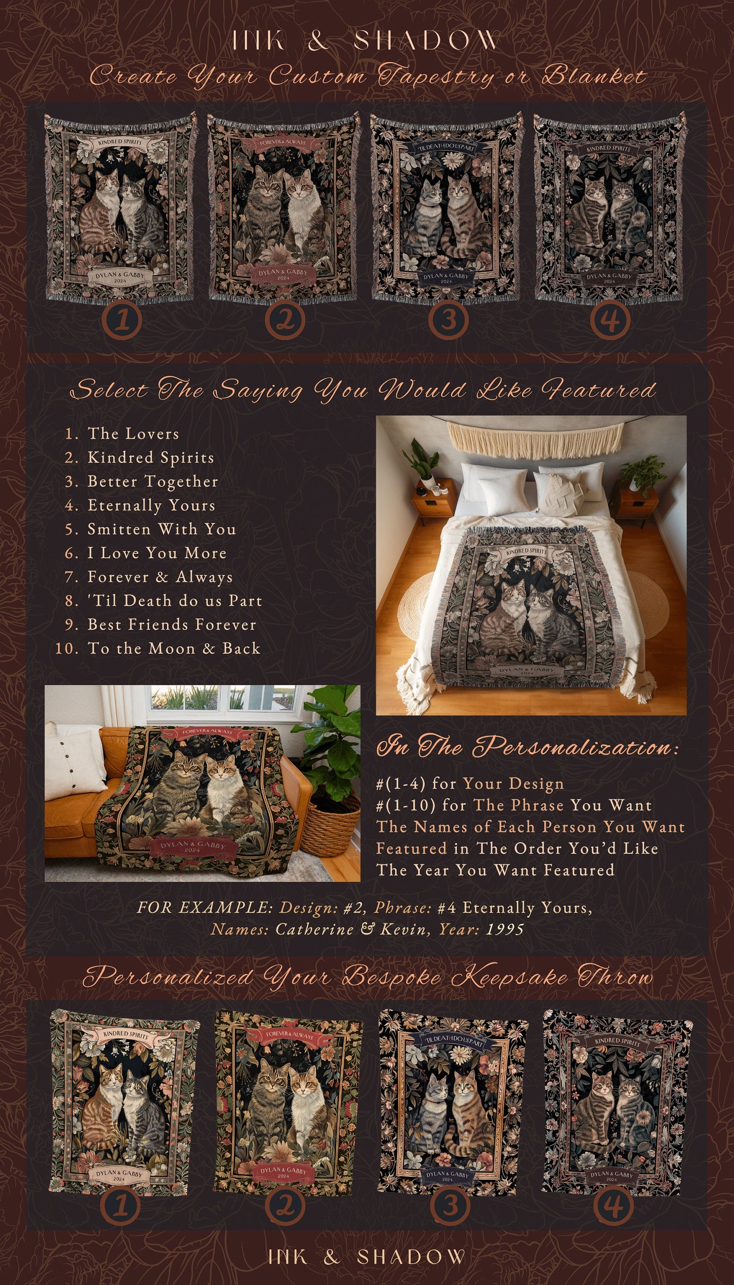 Romantic Floral Couple Blanket | Personalized Victorian Gothic Dark Academia Aesthetic Woven Throw Custom His & Hers Gift for Cat Lover Boho