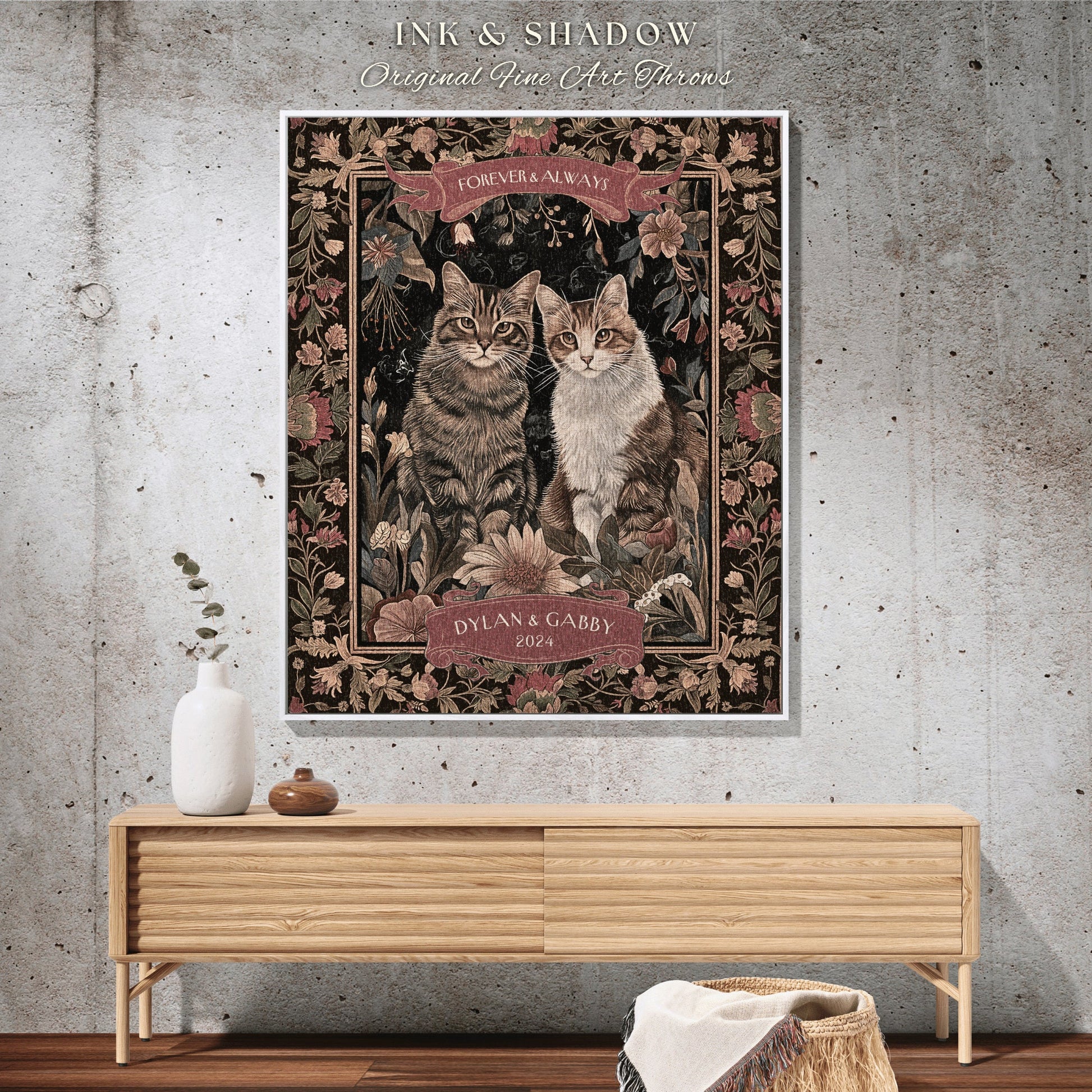 Victorian Gothic Cat Couple Blanket Floral Cottagecore Woven Throw Custom Girlfriend Gift for Cat Lover Personalized Dark Academia Tapestry