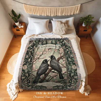 Woven Tapestry Crow Blanket Couples Gift | Dark Academia Aesthetic Personalized Woven Throw Lovebirds Gift for Girlfriend Floral Raven |