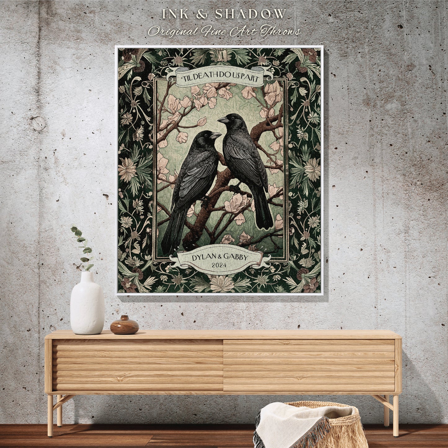 Woven Tapestry Crow Blanket Couples Gift | Dark Academia Aesthetic Personalized Woven Throw Lovebirds Gift for Girlfriend Floral Raven |