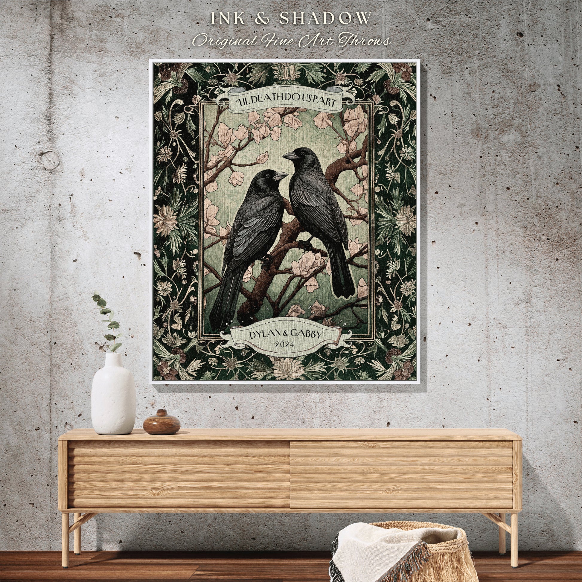 Woven Tapestry Crow Blanket Couples Gift | Dark Academia Aesthetic Personalized Woven Throw Lovebirds Gift for Girlfriend Floral Raven |