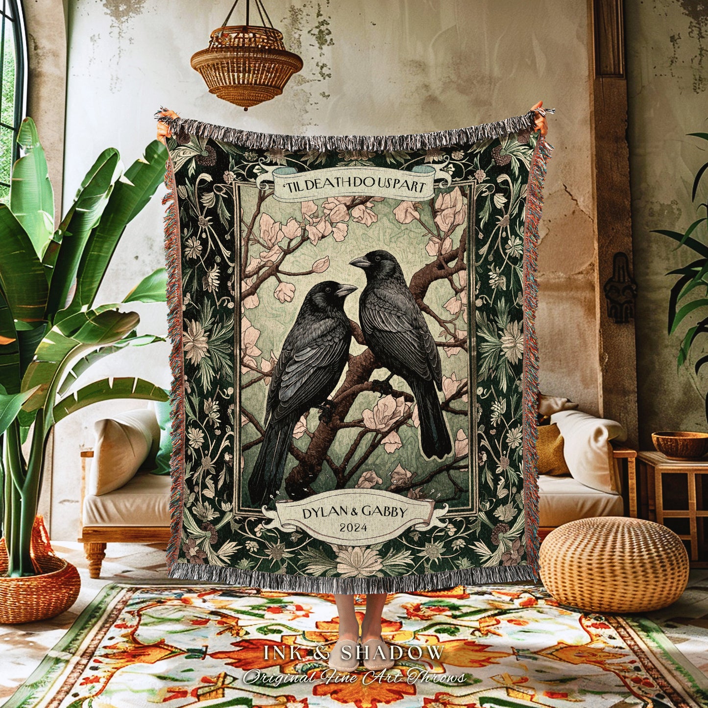 Woven Tapestry Crow Blanket Couples Gift | Dark Academia Aesthetic Personalized Woven Throw Lovebirds Gift for Girlfriend Floral Raven |