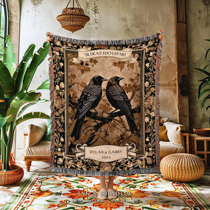 Golden Aesthetic Raven Couple Blanket | Crow Core Couple Dark Academia Aesthetic Woven Throw Custom Name Gift Goth Tapestry Witchy Decor |