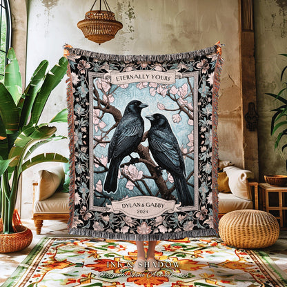 Dark Elegance Crow Couple Picnic Blanket Custom | Wedding Keepsake Dark Cottagecore Aesthetic Woven Throw Personalized Gift Sentimental |