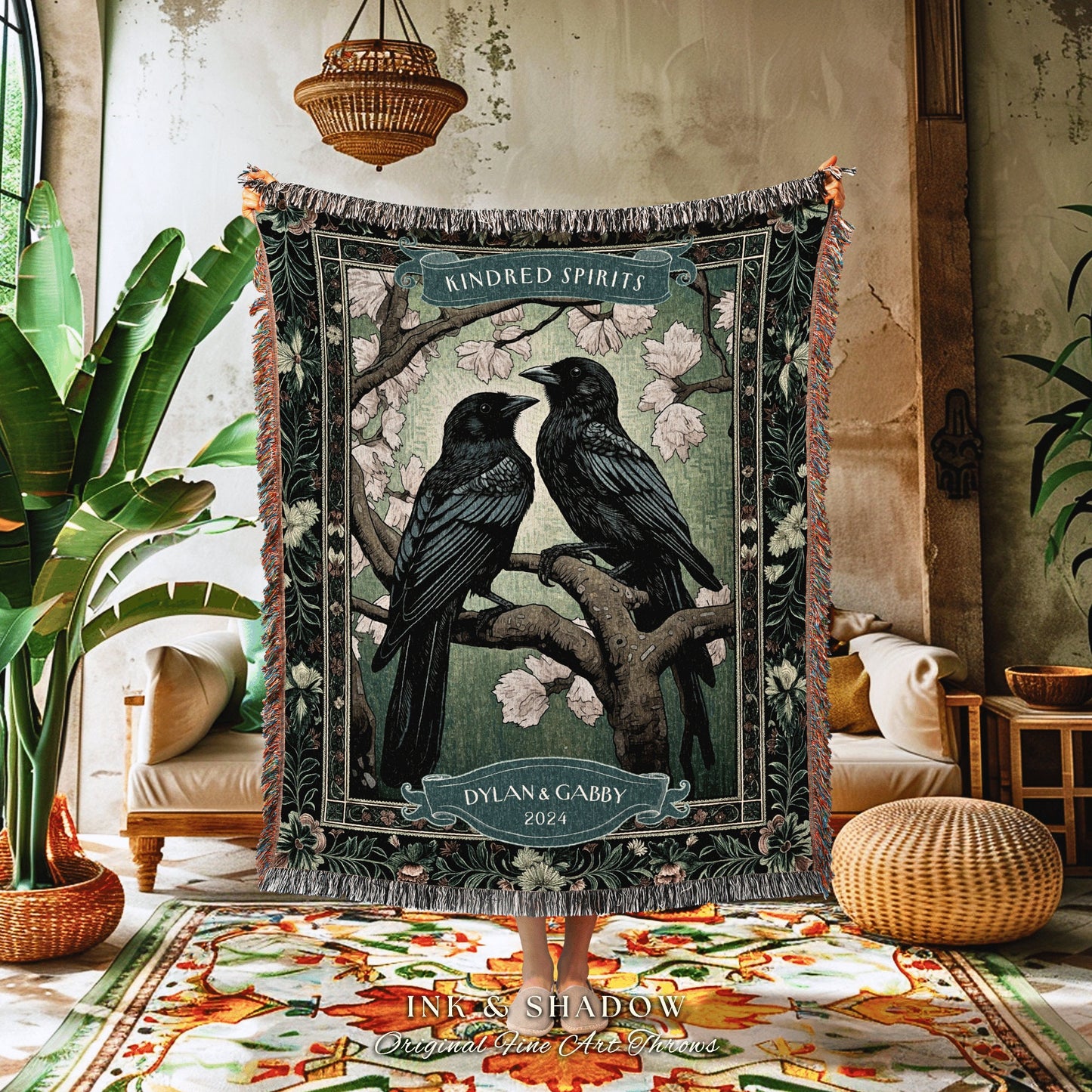 Witchy Couple Tapestry Blanket Couples Gift | Dark Aesthetic Personalized Woven Throw Lovebirds Gift for Girlfriend Floral Victorian Gothic