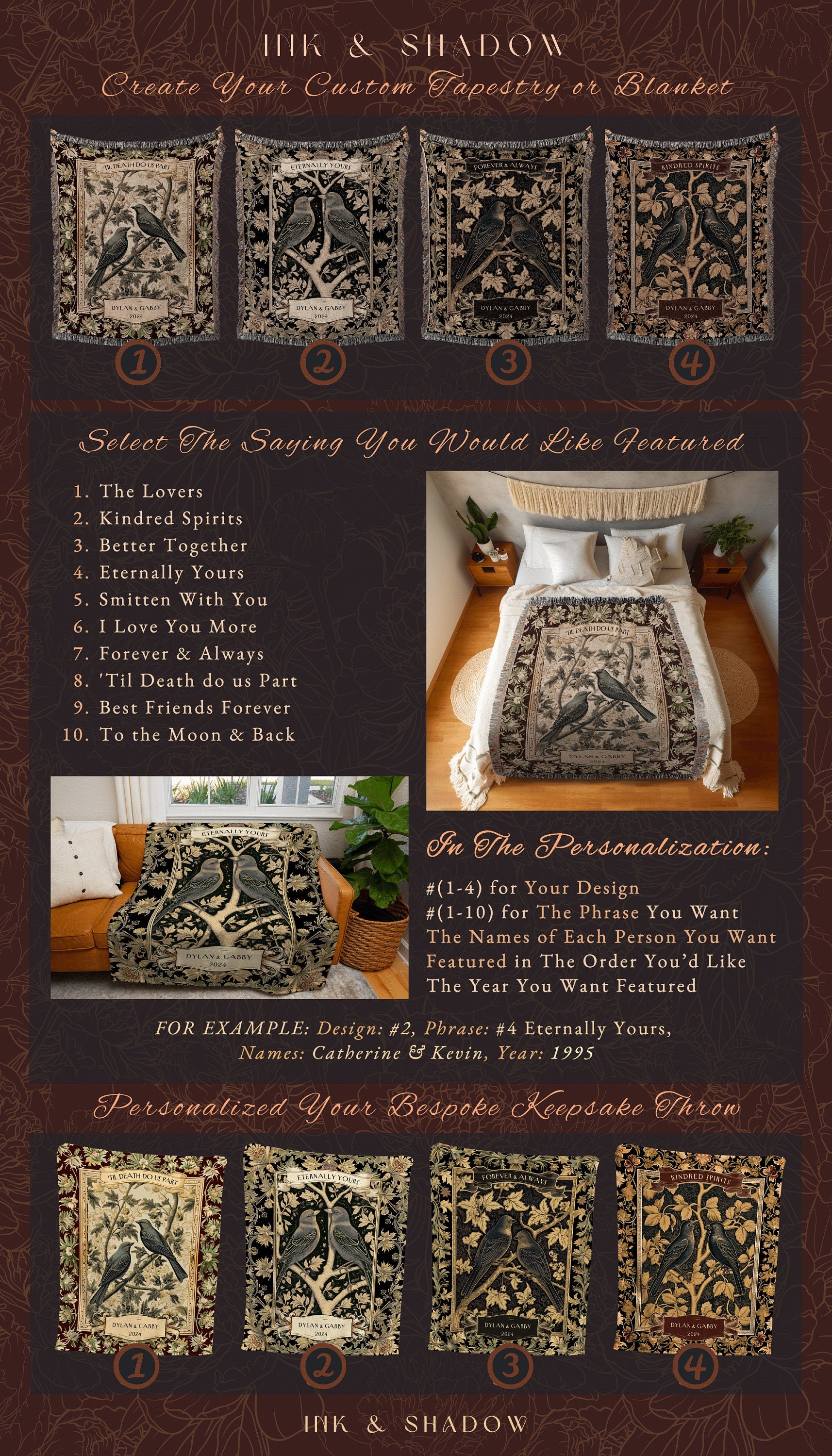 Couples Anniversary Blanket Custom | Crowcore Couple Aesthetic Woven Throw Custom Dating Gift 'Til Death do us Part' Raven Tapestry Witchy |