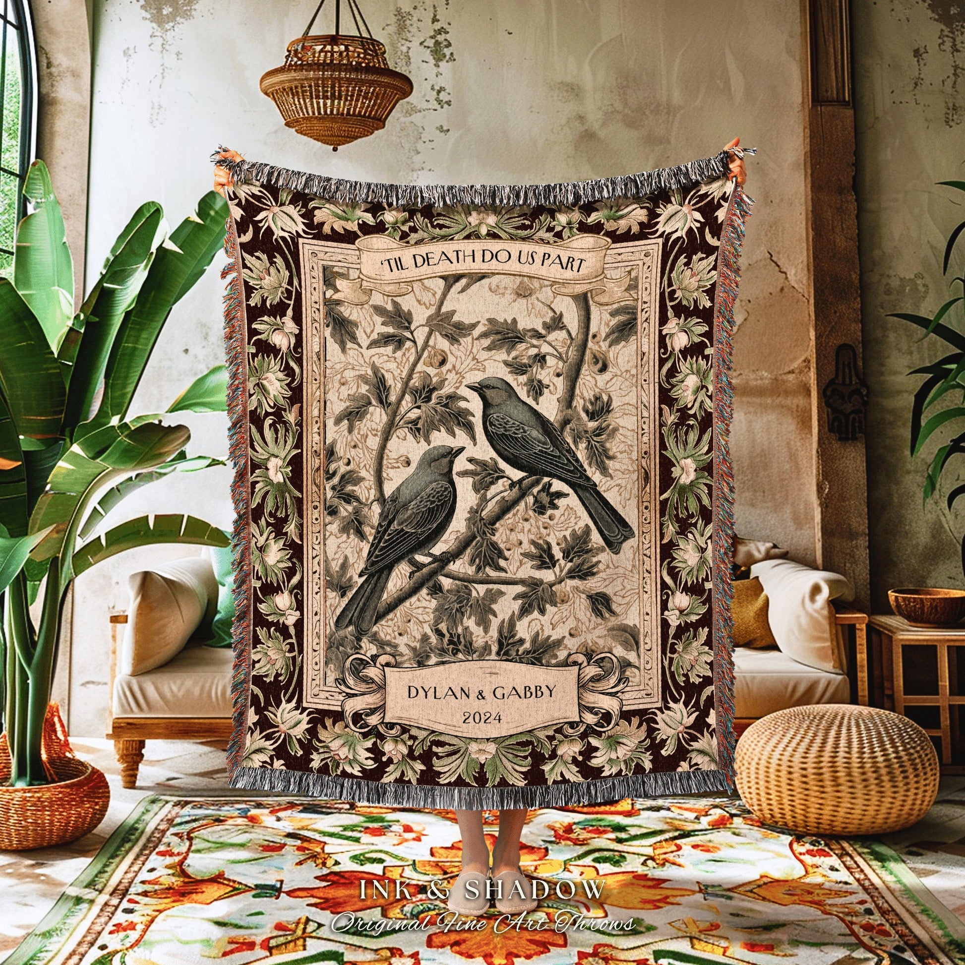 Couples Anniversary Blanket Custom | Crowcore Couple Aesthetic Woven Throw Custom Dating Gift 'Til Death do us Part' Raven Tapestry Witchy |