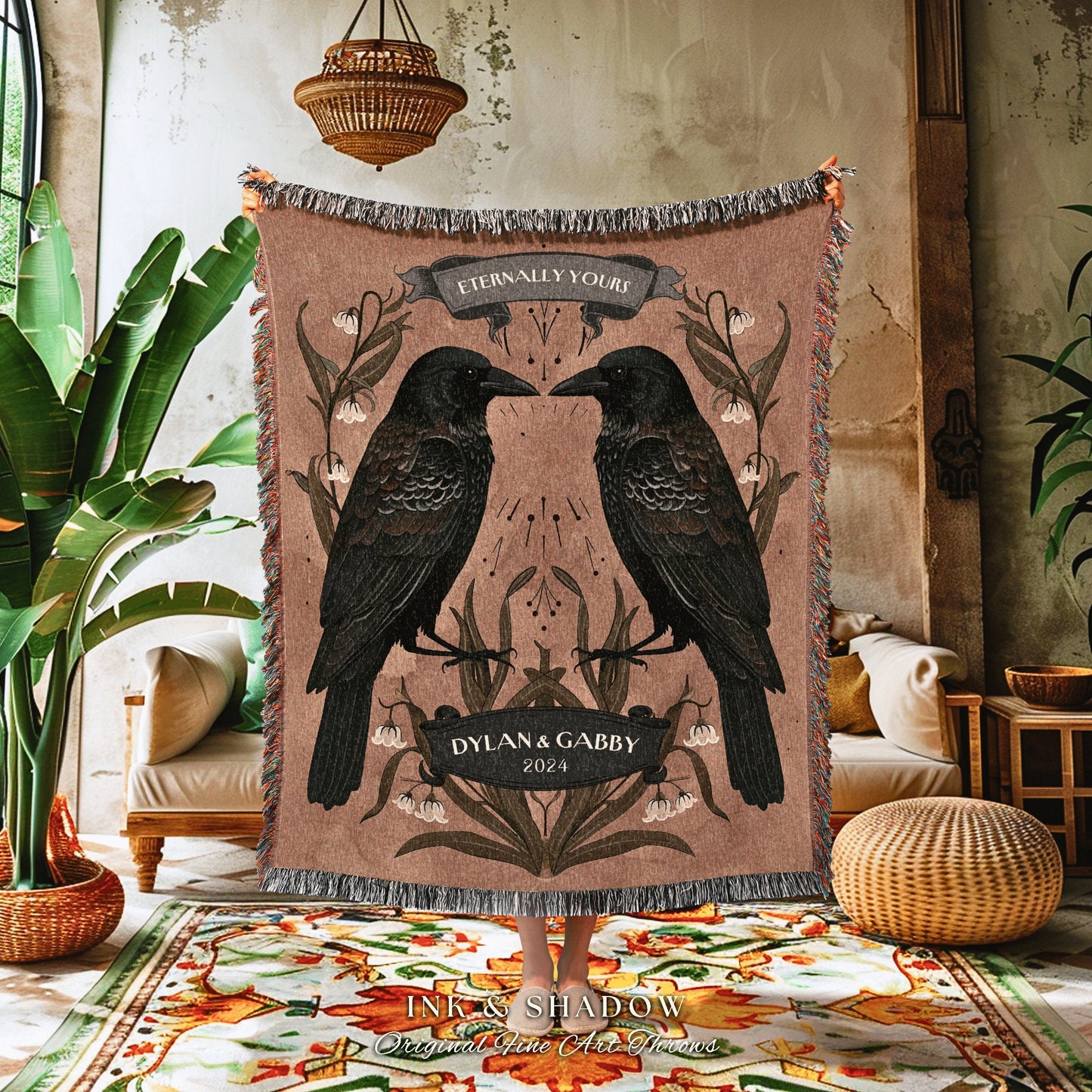 Moody Crow Lovers Anniversary Blanket Personalized | Crowcore Couple Dark Academia Aesthetic Gothic Throw Custom Name Gift Tapestry Raven |