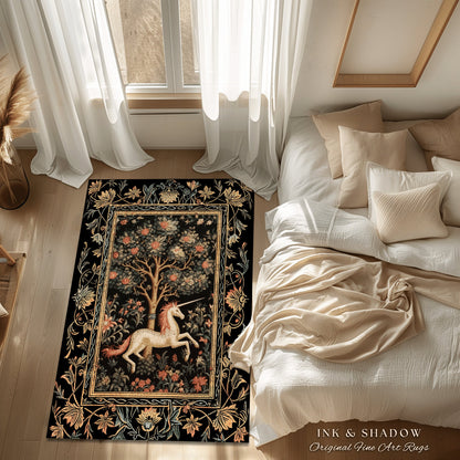 Medieval Unicorn Area Rug | Whimsical Room Decor William Morris Inspired Cottagecore Aesthetic Fairycore Bedroom Magical Unicorn Art