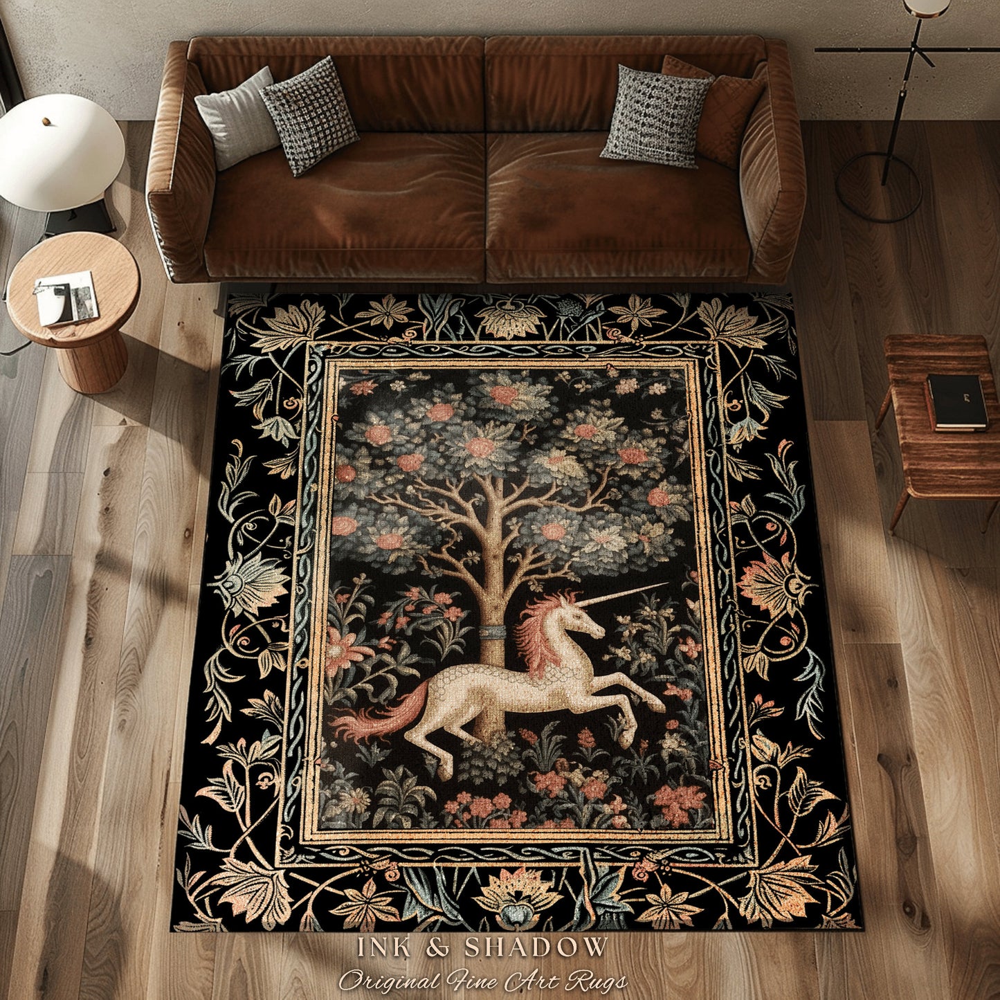 Medieval Unicorn Area Rug | Whimsical Room Decor William Morris Inspired Cottagecore Aesthetic Fairycore Bedroom Magical Unicorn Art