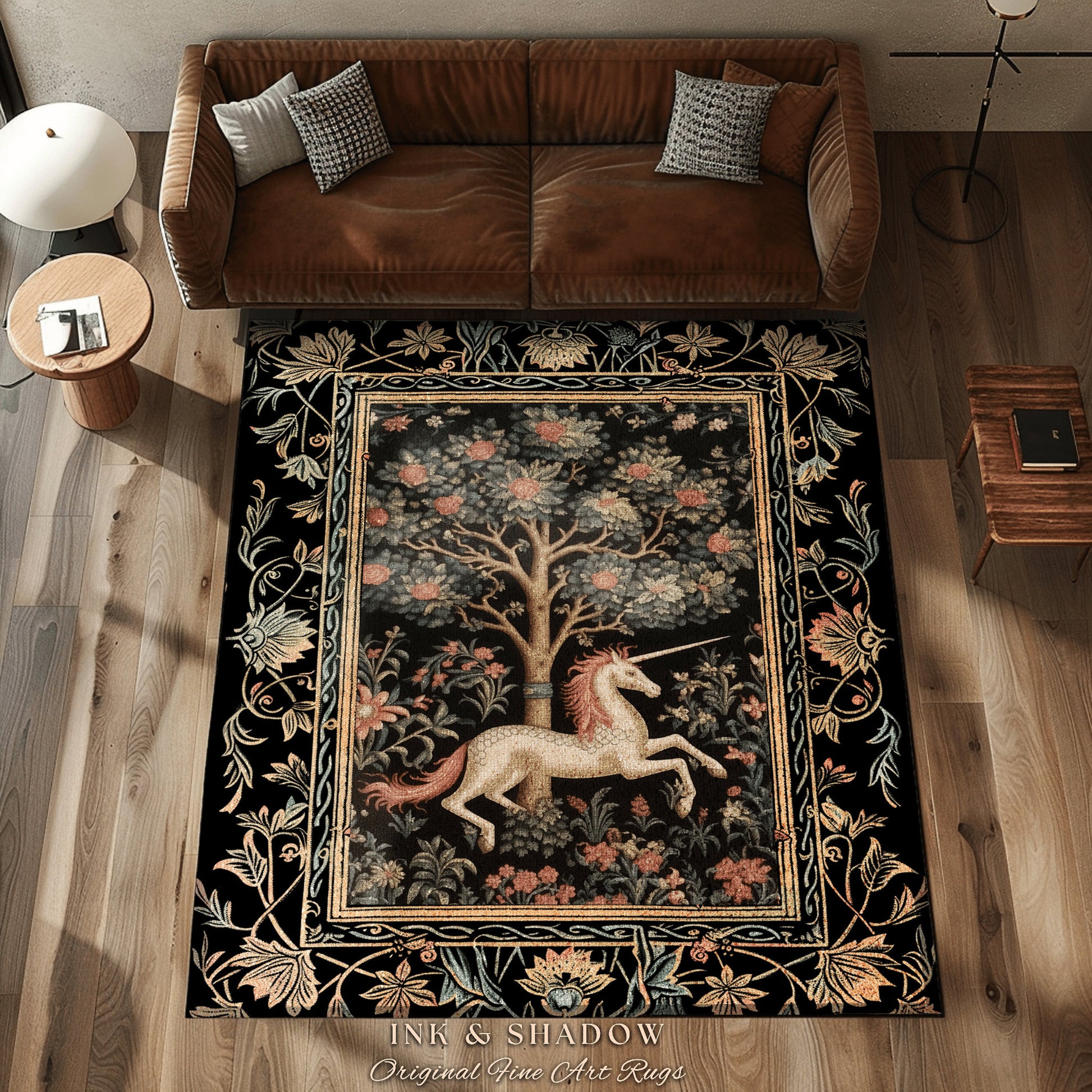Medieval Unicorn Area Rug | Whimsical Room Decor William Morris Inspired Cottagecore Aesthetic Fairycore Bedroom Magical Unicorn Art