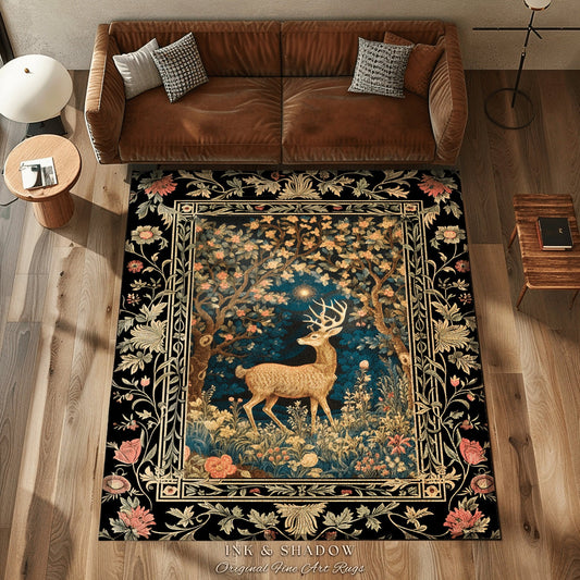 Forest Spirit Mystic Deer Rug | Cottagecore Room Decor William Morris Inspired Forest Aesthetic Fairycore Boho Bedroom Rug Ethereal Deer