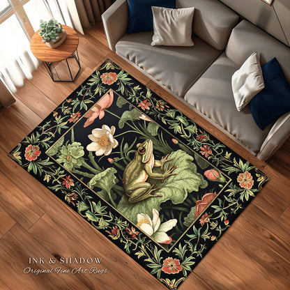 Goblincore Frog Rug | Eclectic Room Decor William Morris Inspired Forest Aesthetic Boho Grunge Fairycore Bedroom Rug Woodland Frog Art