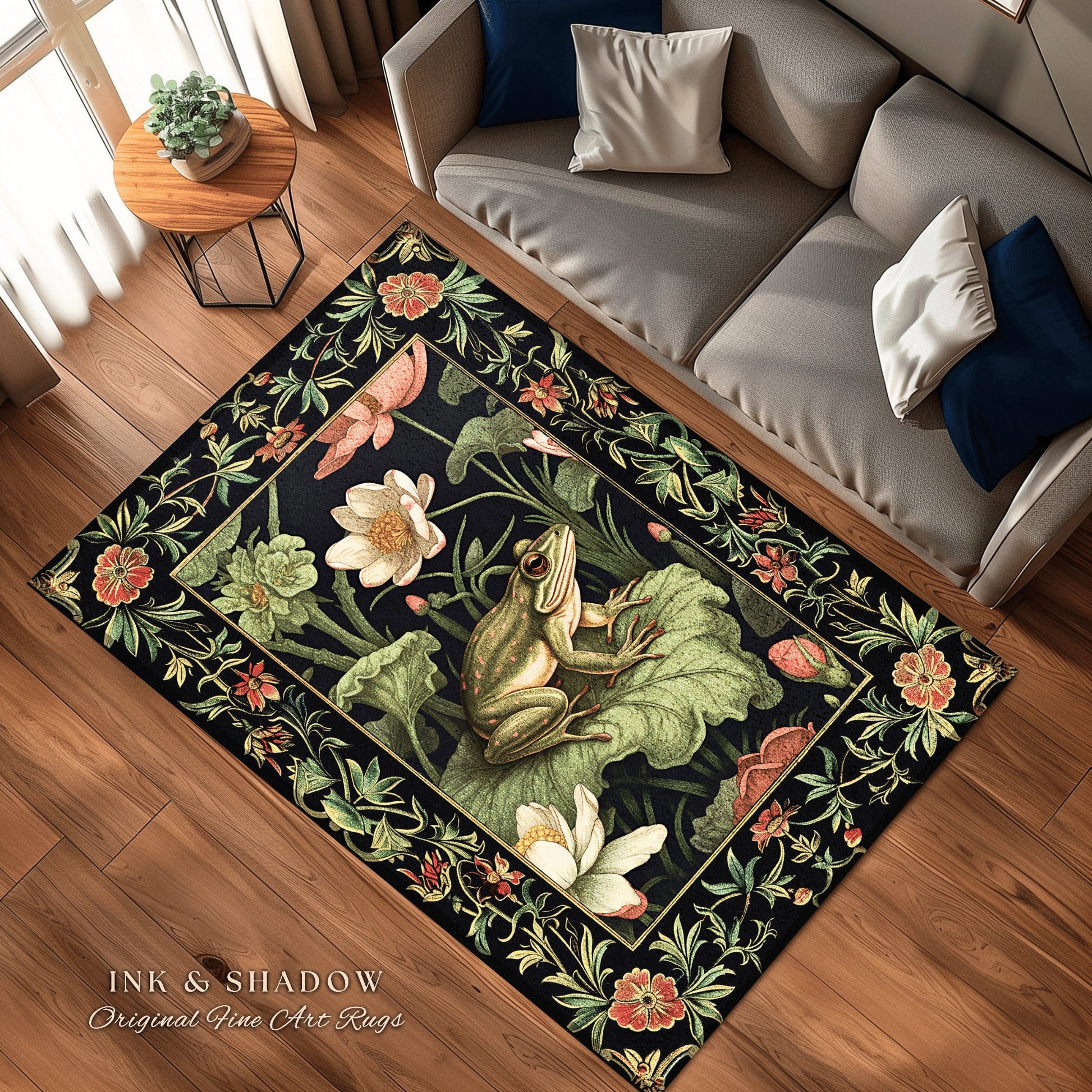 Goblincore Frog Rug | Eclectic Room Decor William Morris Inspired Forest Aesthetic Boho Grunge Fairycore Bedroom Rug Woodland Frog Art