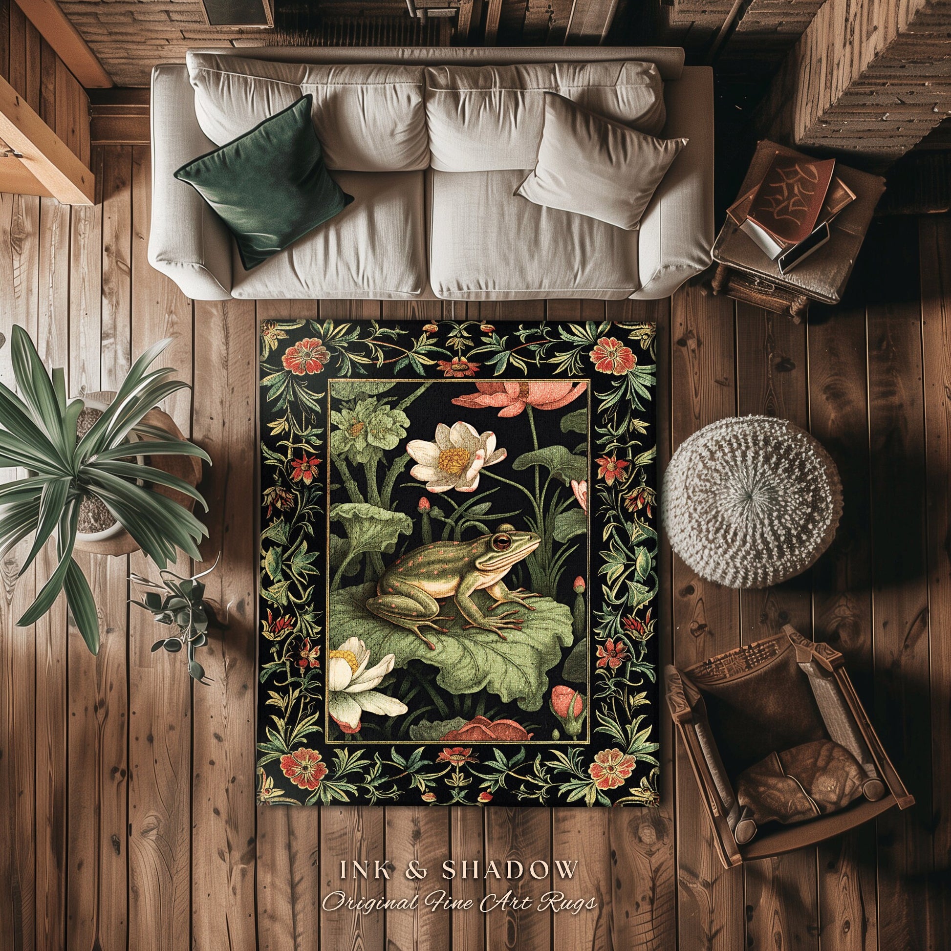 Goblincore Frog Rug | Eclectic Room Decor William Morris Inspired Forest Aesthetic Boho Grunge Fairycore Bedroom Rug Woodland Frog Art