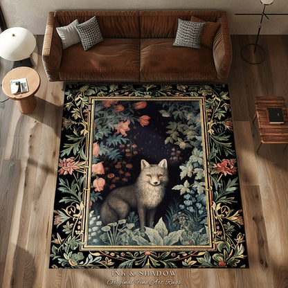 Woodland Gothic Fox Forestcore Rug Dark Botanical Cottagegoth Room Decor | Vintage Aesthetic Mystical Forest Fox Rug Floral Fairycore Decor