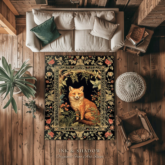 Mystic Woodland Fox Rug | Cottagecore Room Decor William Morris Inspired Forest Aesthetic Fairycore Boho Bedroom Rug Ethereal Decoration