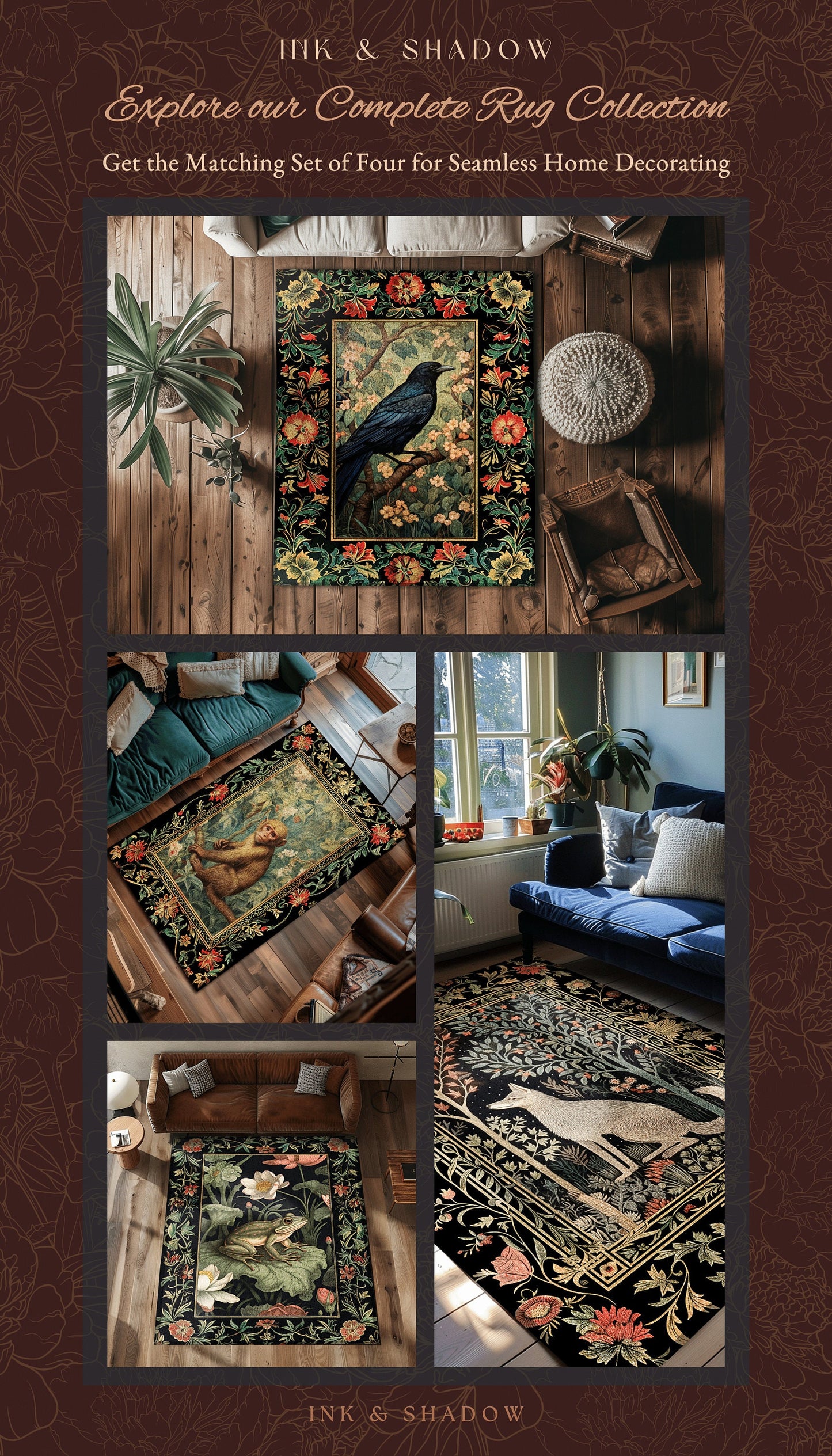 Dark Academia Crowcore Rug | Ethereal Bedroom Decor William Morris Inspired Cottagecore Aesthetic Dark Fairycore Book Nook Woodland Witchy