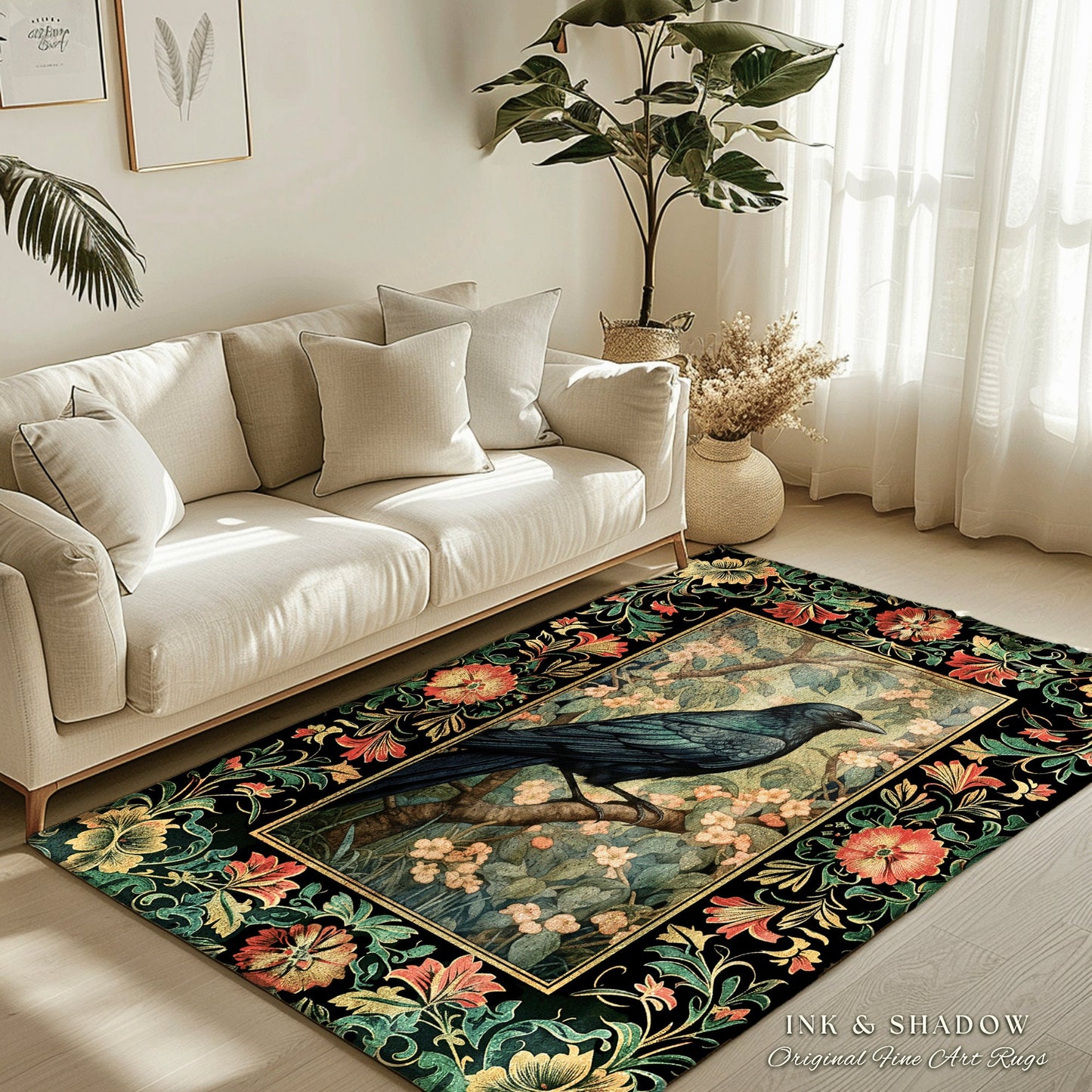 Dark Academia Crowcore Rug | Ethereal Bedroom Decor William Morris Inspired Cottagecore Aesthetic Dark Fairycore Book Nook Woodland Witchy