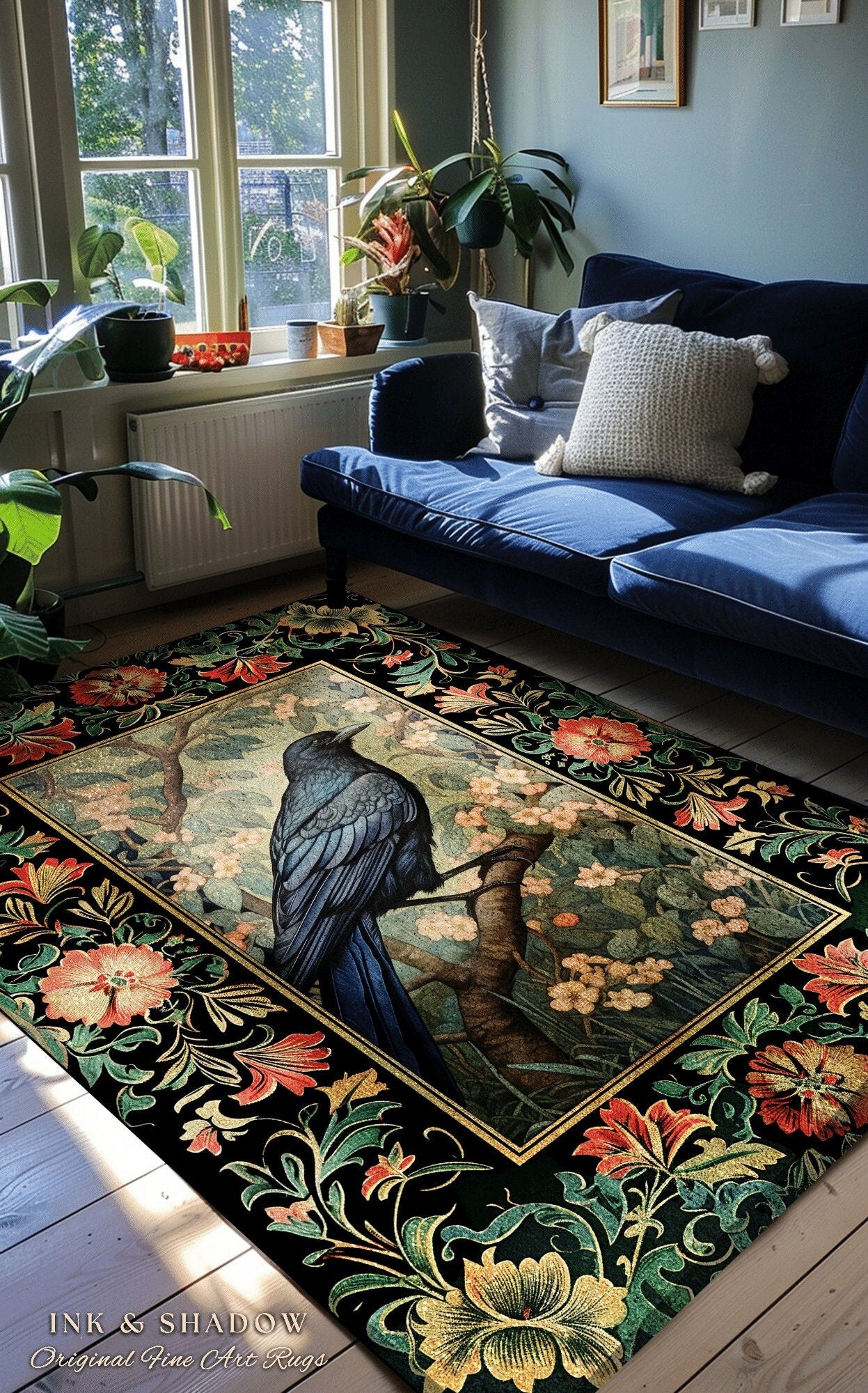Dark Academia Crowcore Rug | Ethereal Bedroom Decor William Morris Inspired Cottagecore Aesthetic Dark Fairycore Book Nook Woodland Witchy