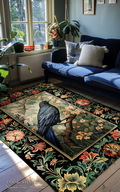 Dark Academia Crowcore Rug | Ethereal Bedroom Decor William Morris Inspired Cottagecore Aesthetic Dark Fairycore Book Nook Woodland Witchy