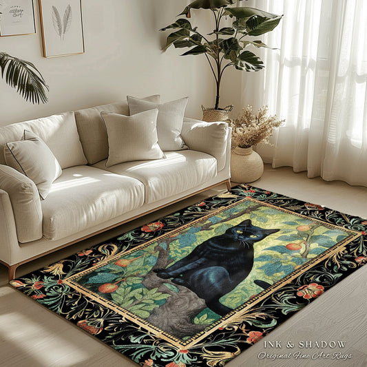 Dark Academia Black Cat Rug | Floral Bedroom Decor William Morris Inspired Cottagecore Reading Corner Rug Dark Fairycore Room Dark Woodland