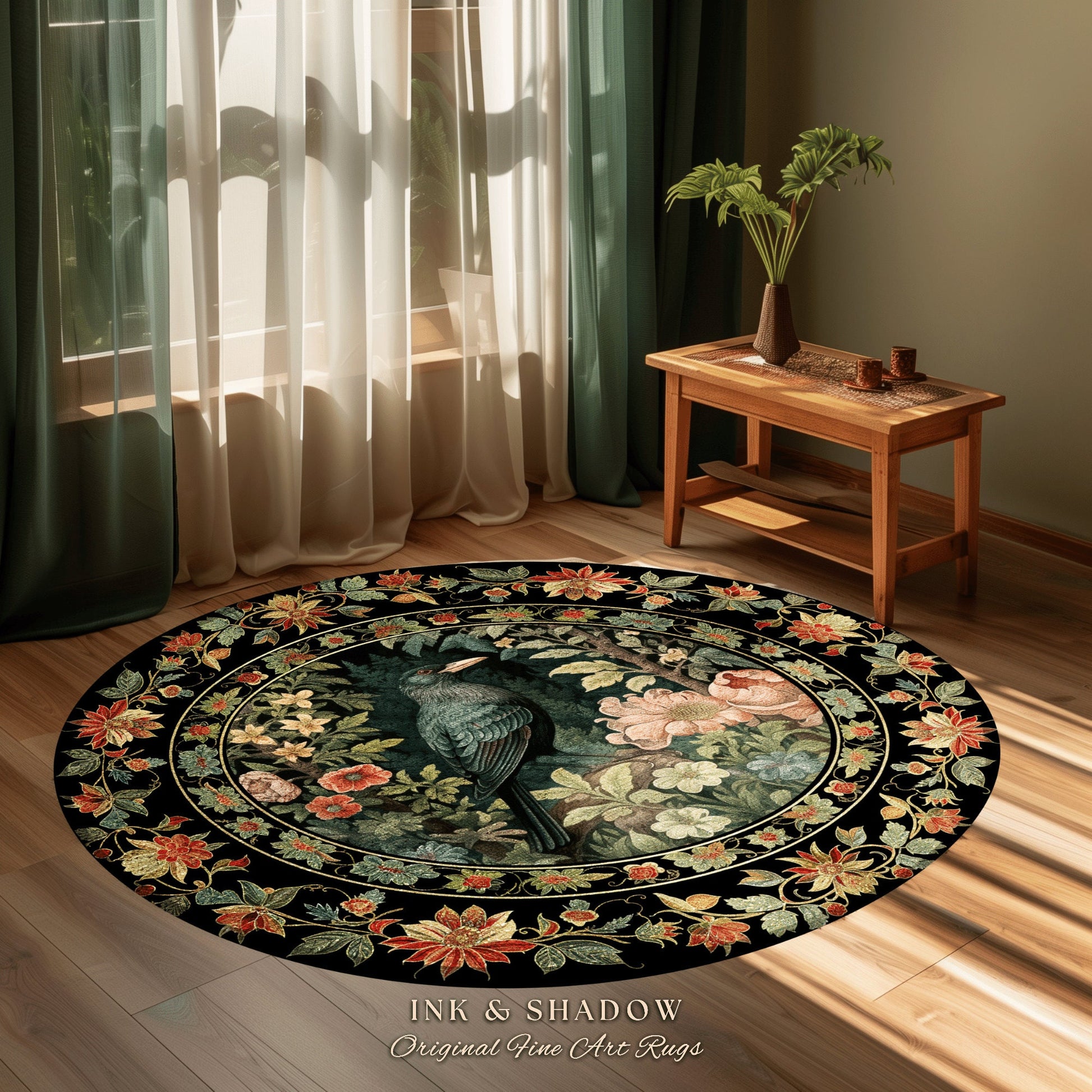 Woodland Gothic Raven Rug Dark Botanical Cottagecore Crow Decor | Whimsical Dark Floral Fairycore Bird Lovers Gift Whimsigothic Round Rug