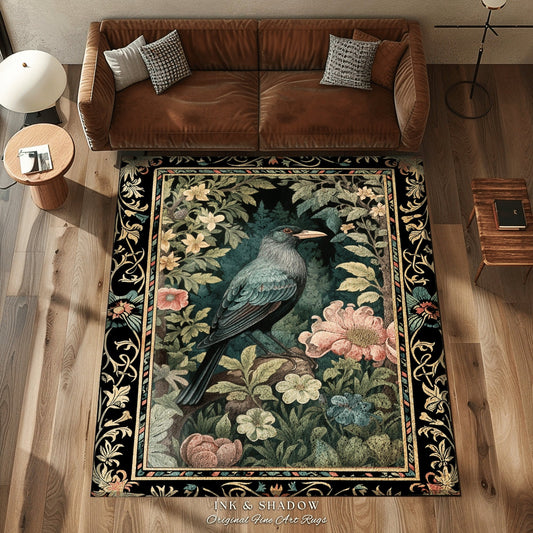 Dark Floral Raven Area Rug | Ethereal Gothic Room Decor William Morris Inspired Cottagecore Aesthetic Dark Fairycore Bedroom Crow Core Art |