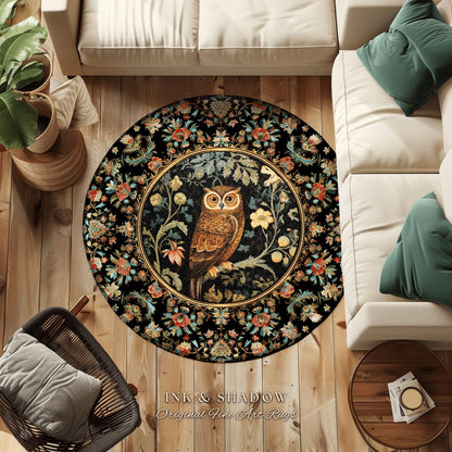 Whimsical Book Nook Owl Rug | Woodland Room Decor William Morris Inspired Forest Aesthetic Fairycore Boho Bedroom Rug Floral Owl Decoration