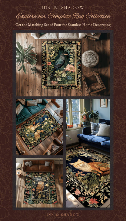 Whimsical Book Nook Owl Rug | Woodland Room Decor William Morris Inspired Forest Aesthetic Fairycore Boho Bedroom Rug Floral Owl Decoration