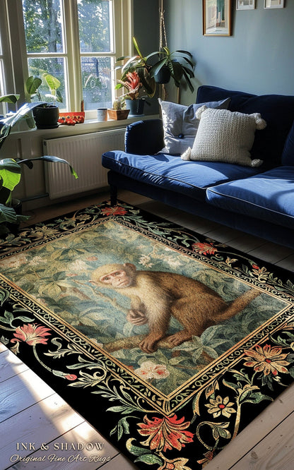 Boho Gothic Monkey Botanical Rug Room Decor Goth Cottagecore Aesthetic | Dark Forest Fairycore Grunge Room Decor Animals Round Bohemian Rug