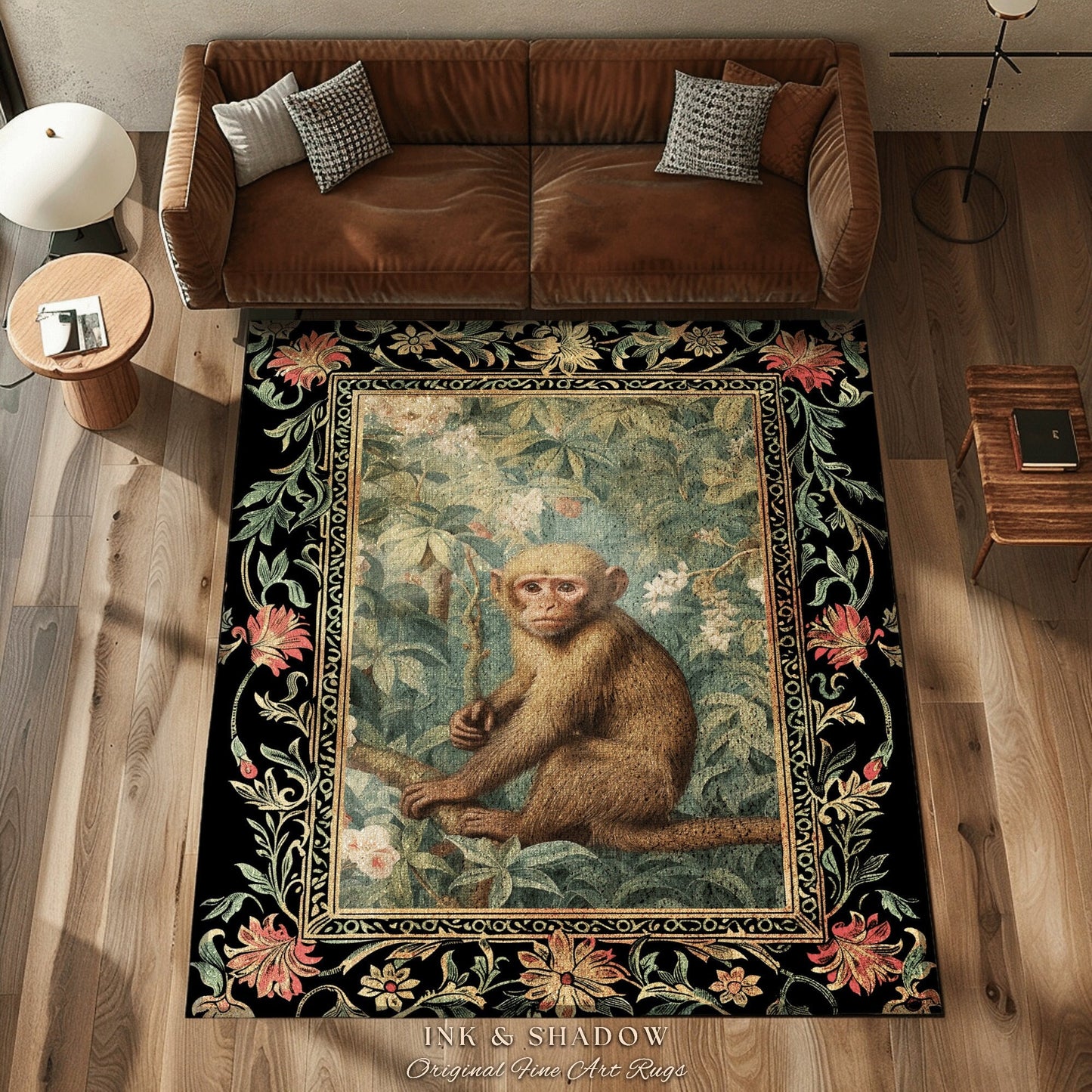 Boho Gothic Monkey Botanical Rug Room Decor Goth Cottagecore Aesthetic | Dark Forest Fairycore Grunge Room Decor Animals Round Bohemian Rug