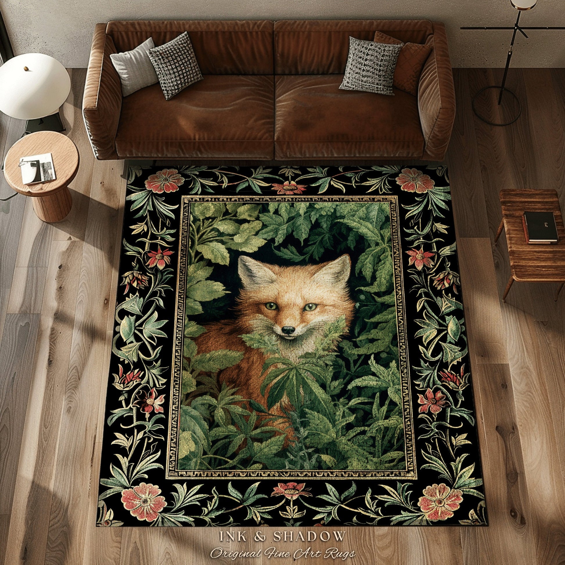 Dark Botanical Fox Rug Vintage Forest Aesthetic | Goth Cottagecore Woodland Fox Decor Boho Fairycore Rug Nature Lovers Housewarming Gifts