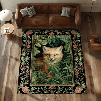 Dark Botanical Fox Rug Vintage Forest Aesthetic | Goth Cottagecore Woodland Fox Decor Boho Fairycore Rug Nature Lovers Housewarming Gifts