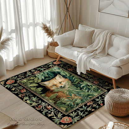 Dark Botanical Fox Rug Vintage Forest Aesthetic | Goth Cottagecore Woodland Fox Decor Boho Fairycore Rug Nature Lovers Housewarming Gifts