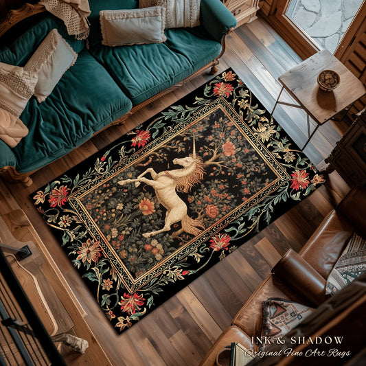 Elegant Floral Unicorn Rug | Princesscore Room Decor William Morris Inspired Cottagecore Aesthetic Fairycore Bedroom Magical Unicorn Mythic
