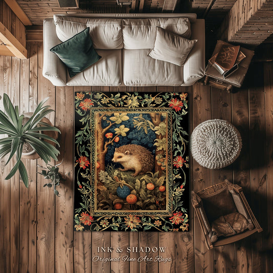 Hedge Hog Floor Rug | Forestcore Decor William Morris Style Cottagecore Reading Corner Dark Fairycore Room Mystical Woodland Hedgehog Art