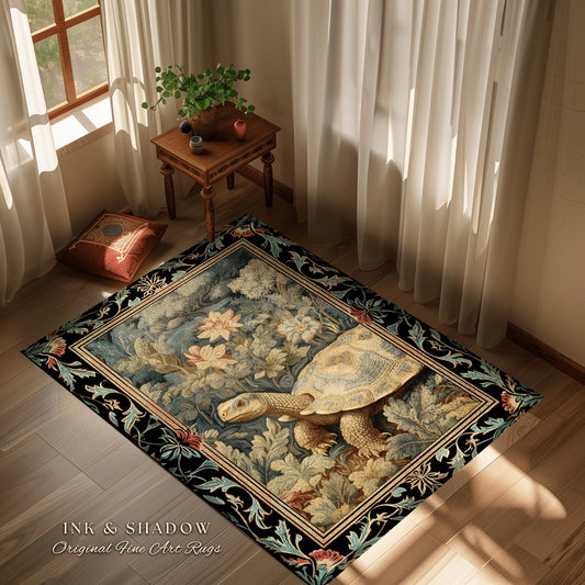 Ornate Floral Bedroom Rug | Tortoise Decor William Morris Style Cottagecore Reading Corner Dark Fairycore Room Mystical Woodland Aesthetic
