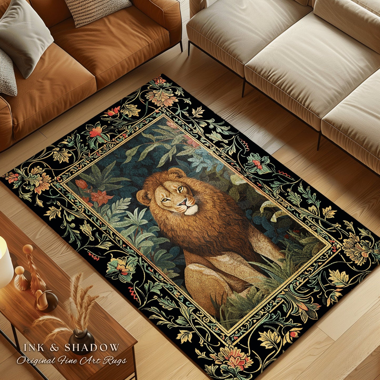 Lion Area Rug Botanical | Nature Inspired Room Decor William Morris Style Aesthetic Fairycore Boho Bedroom Rug Jungle Leopard Dark Floral