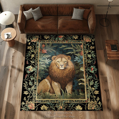 Lion Area Rug Botanical | Nature Inspired Room Decor William Morris Style Aesthetic Fairycore Boho Bedroom Rug Jungle Leopard Dark Floral