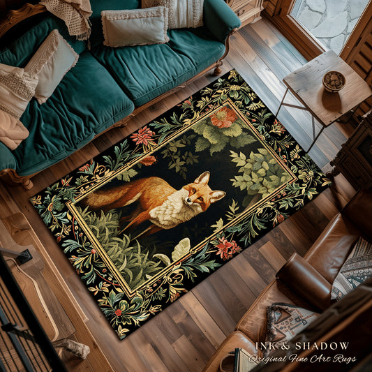 Woodland Fox Botanical Rug | Ornate Room Decor William Morris Inspired Forest Rug Fairycore Boho Bedroom Rug Ethereal Decoration Cottagecore