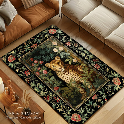 Jungle Aesthetic Area Rug | Nature Inspired Room Decor William Morris Style Aesthetic Fairycore Boho Bedroom Rug Ethereal Leopard Rug Floral