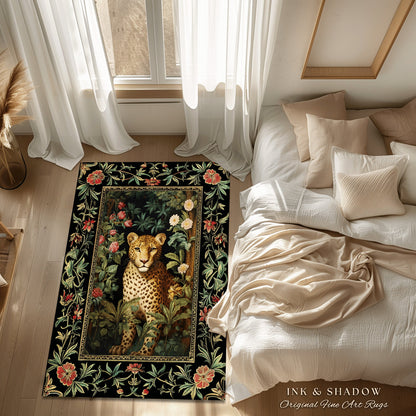 Jungle Aesthetic Area Rug | Nature Inspired Room Decor William Morris Style Aesthetic Fairycore Boho Bedroom Rug Ethereal Leopard Rug Floral