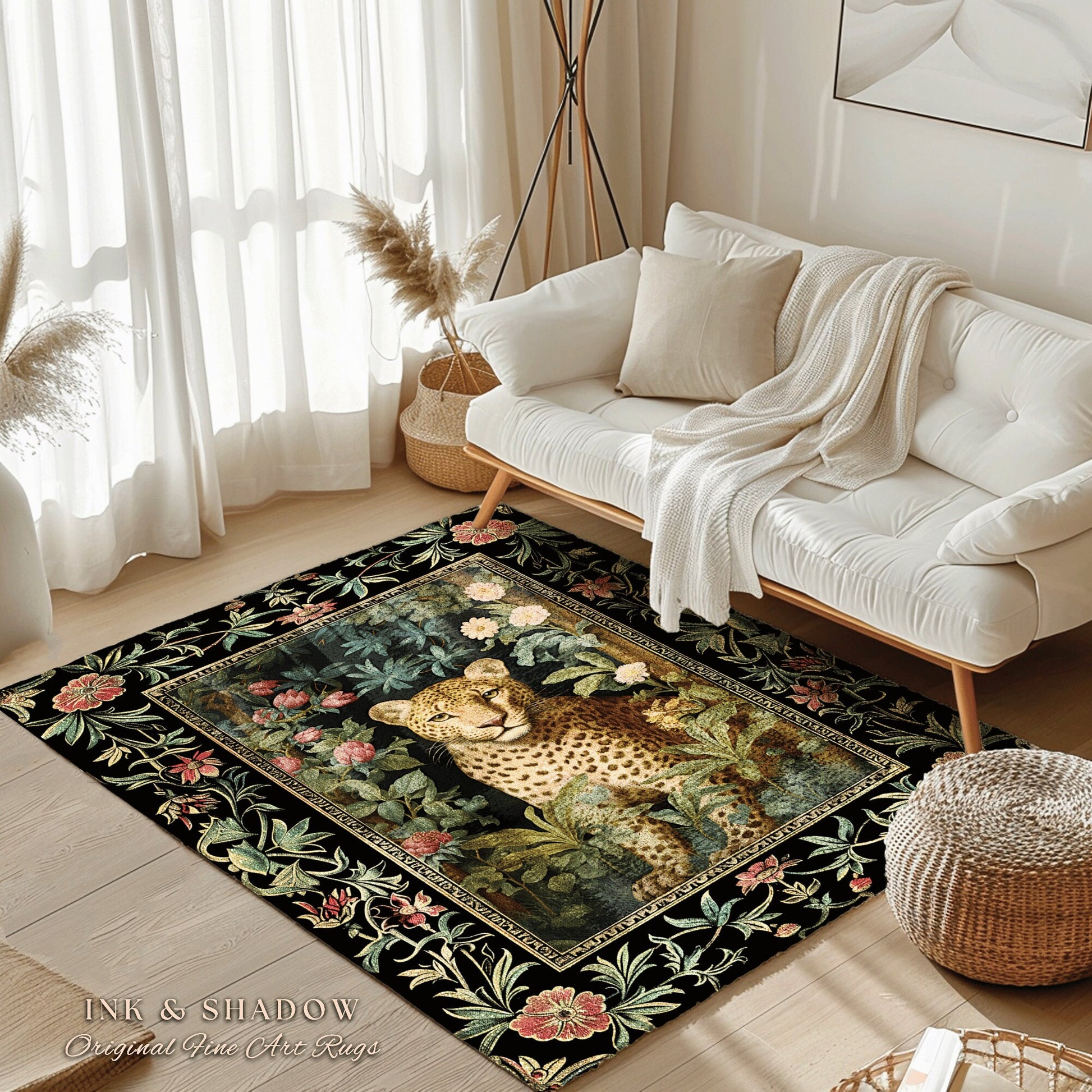 Whimsigoth Dark Floral Leopard Rug Dark Academia Decor | Maximalist Aesthetic Vintage Botanical Decor Animal Lovers Cottagecore Jungle Rug